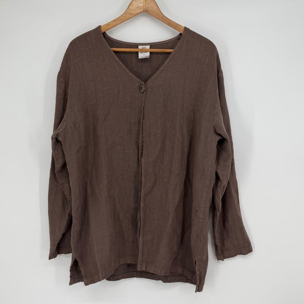 Hot Cotton M Linen Button Front‎ Top Brown Made USA Minimalist Lagenlook